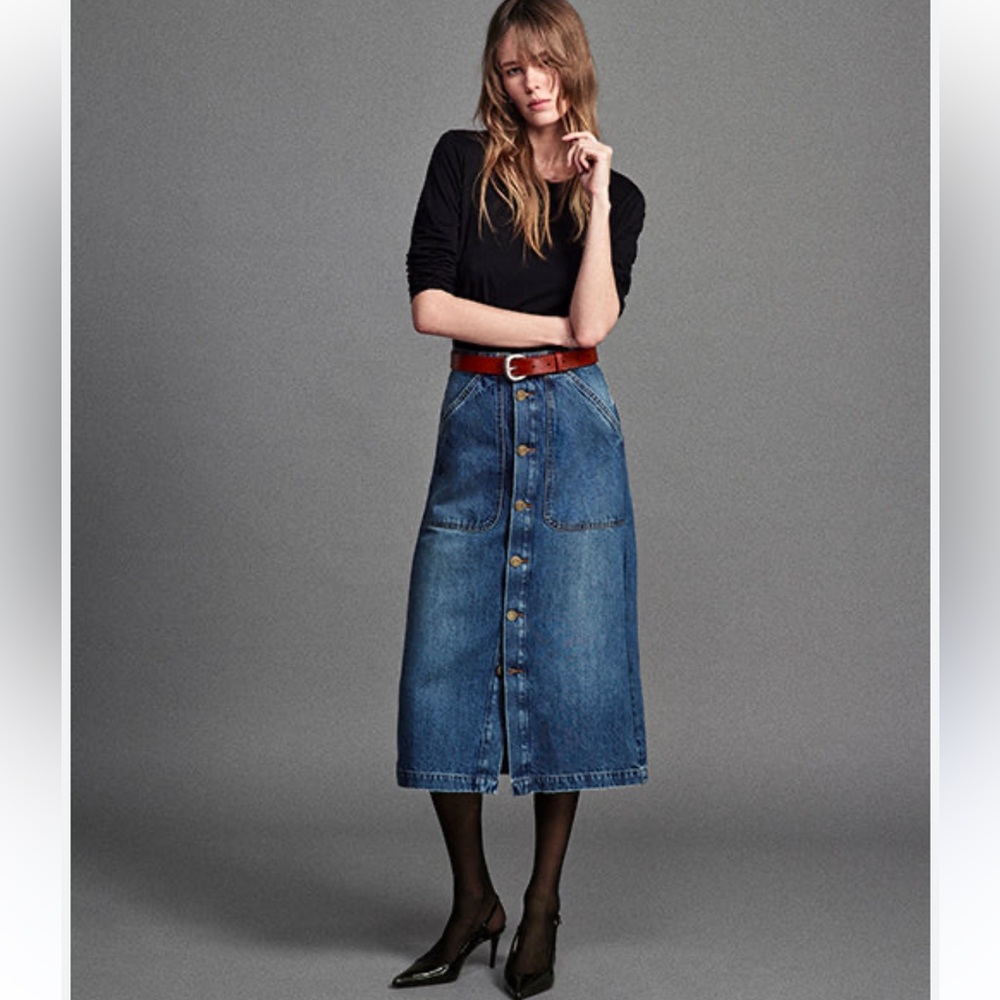 Frame October Blue Denim Modern Pocket Button-Front Midi Skirt Size 31 NWT